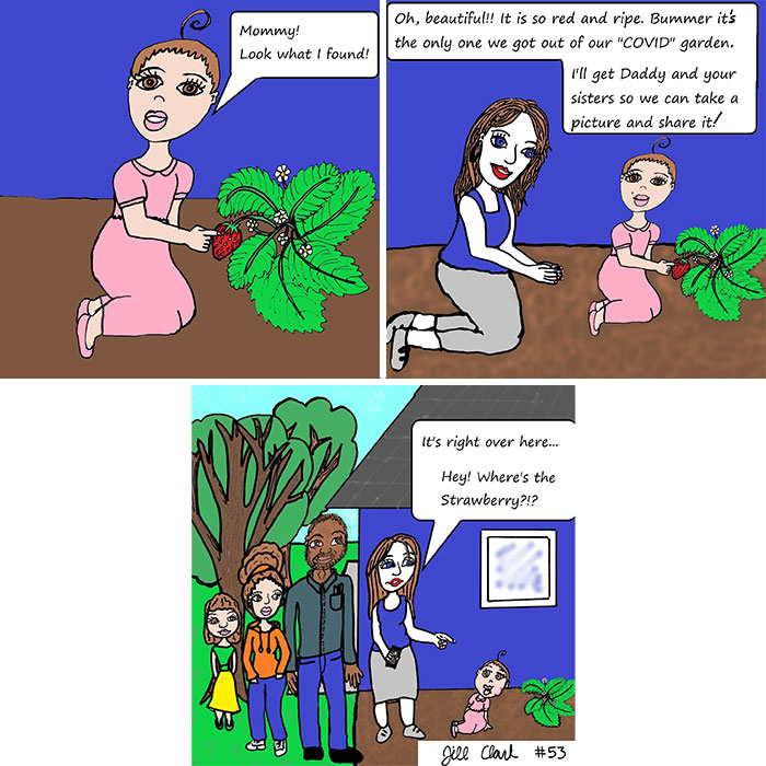 Comic panels showing a funny and honest family life moment with kids and parents over a missing strawberry.