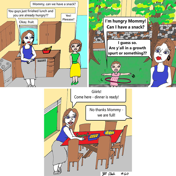 Hand-drawn family life comic showing kids asking for snacks and refusing dinner, illustrating relatable parenting moments.