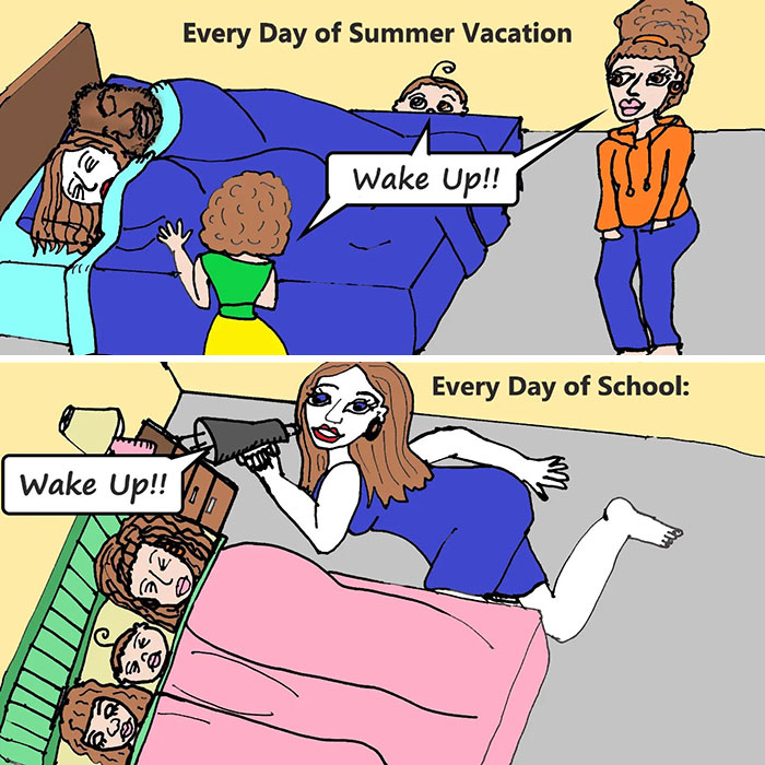 Comic illustrating family life with parents waking children gently on summer vacation and loudly on school days.