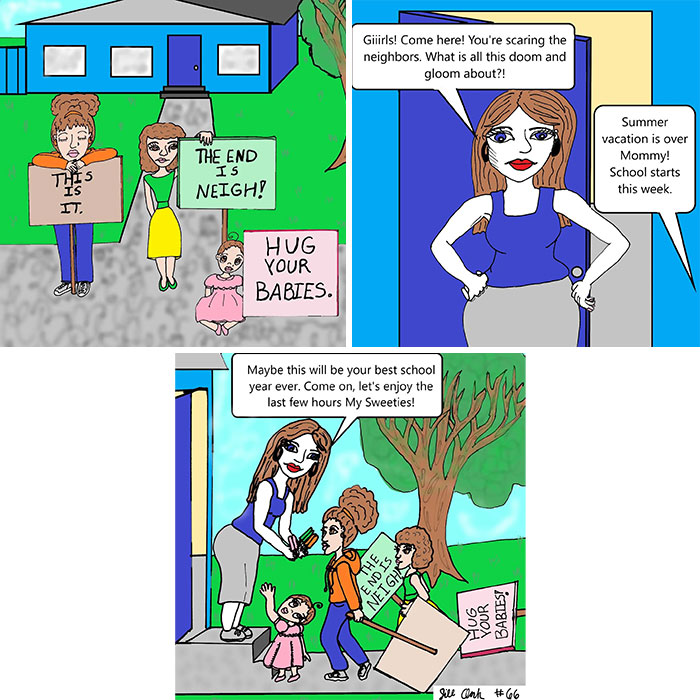 Family life comic showing a mom and kids dealing with the end of summer break and back-to-school emotions.