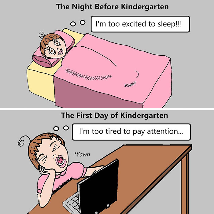 Child excited and then tired on the first day of kindergarten in a relatable family life comic strip.