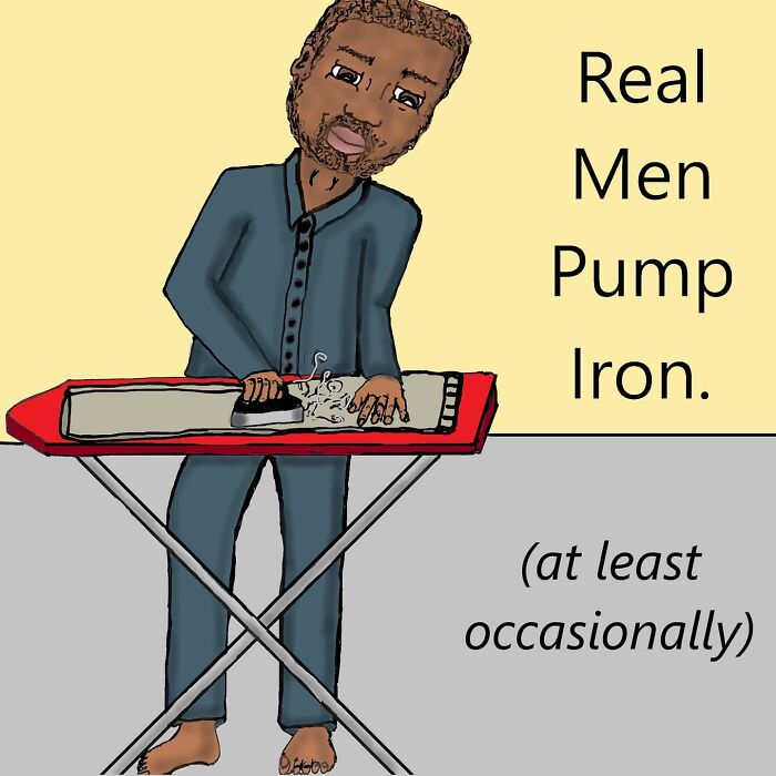 Man ironing clothes on ironing board in a comic about family life that is funny, honest, and relatable.