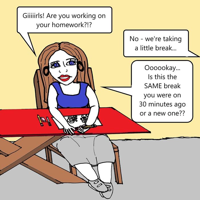 Comic of family life showing a mother asking daughters about homework while they take a break at a red table.