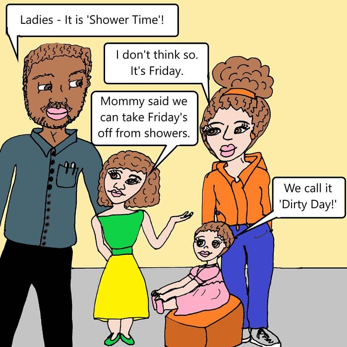Comic illustration of family life humor with parents and kids discussing a funny shower routine on a casual day.