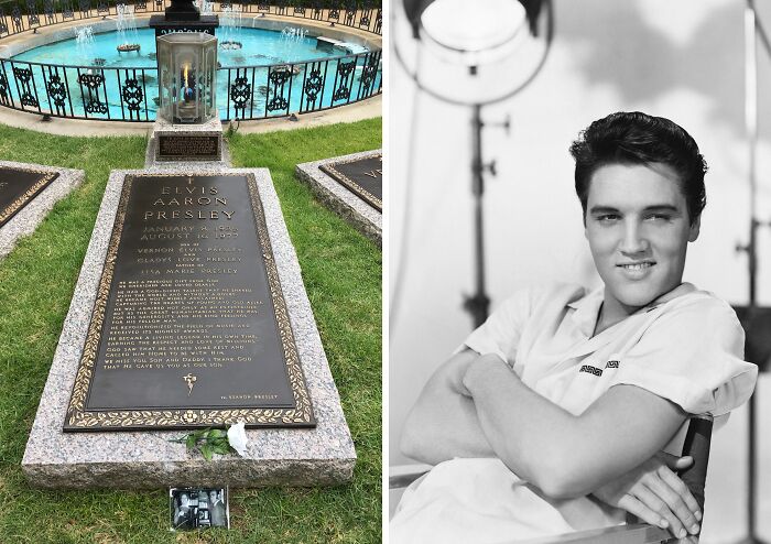 Elvis Presley grave site with fountain in background, a notable celebrity grave attracting visitors worldwide.