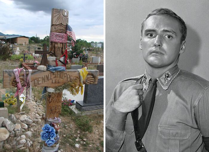 Native American-style wooden cross marking a celebrity grave site drawing visitors from around the world.