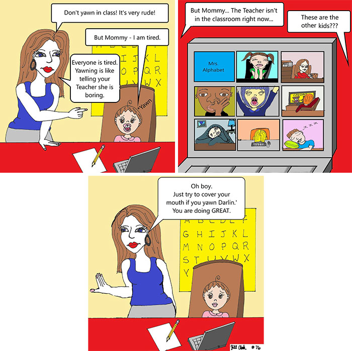 Comic about family life showing a tired child in virtual class and a mom offering relatable parenting advice.