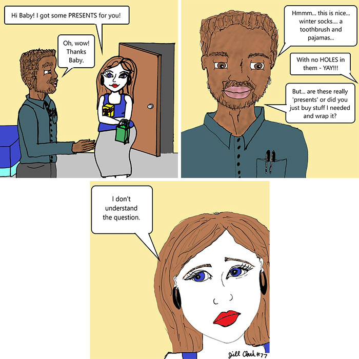 Comic about family life showing a couple exchanging gifts with humor and honesty, highlighting relatable family moments.