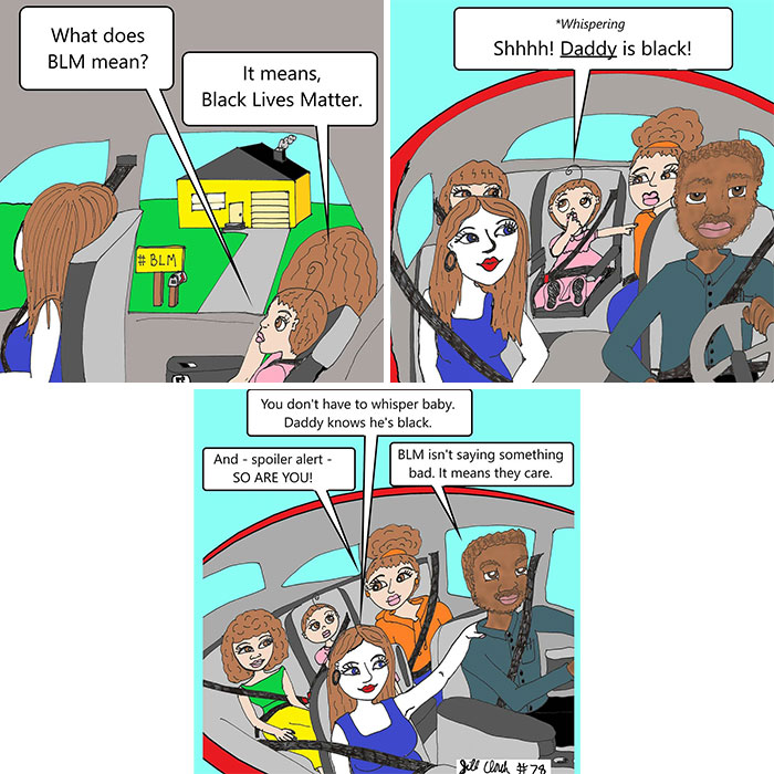 Comic panels showing a family discussing Black Lives Matter, highlighting honest and relatable family life moments.