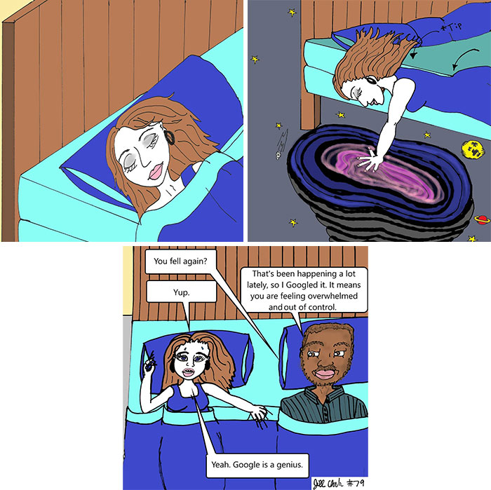 Comic about family life showing a woman falling into a black hole, symbolizing feeling overwhelmed and out of control.