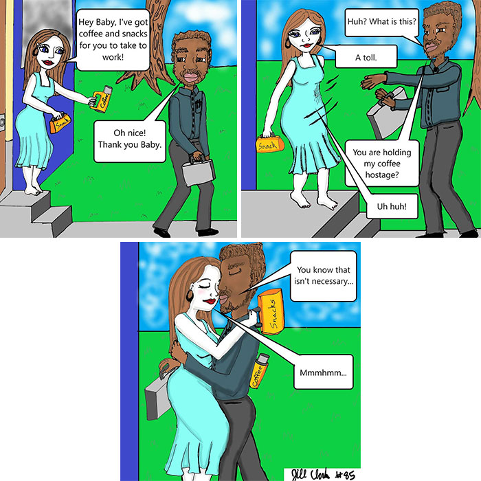 Comic strip showing funny and honest moments of family life with coffee, snacks, and playful husband and wife interaction.