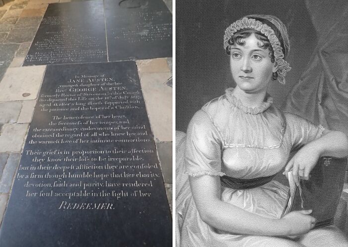 Gravestone of Jane Austen in Winchester Cathedral, a famous celebrity grave attracting visitors worldwide.