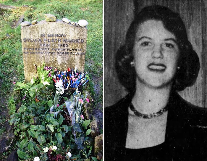 Grave of Sylvia Plath covered with flowers and pens, a notable celebrity grave attracting visitors worldwide.