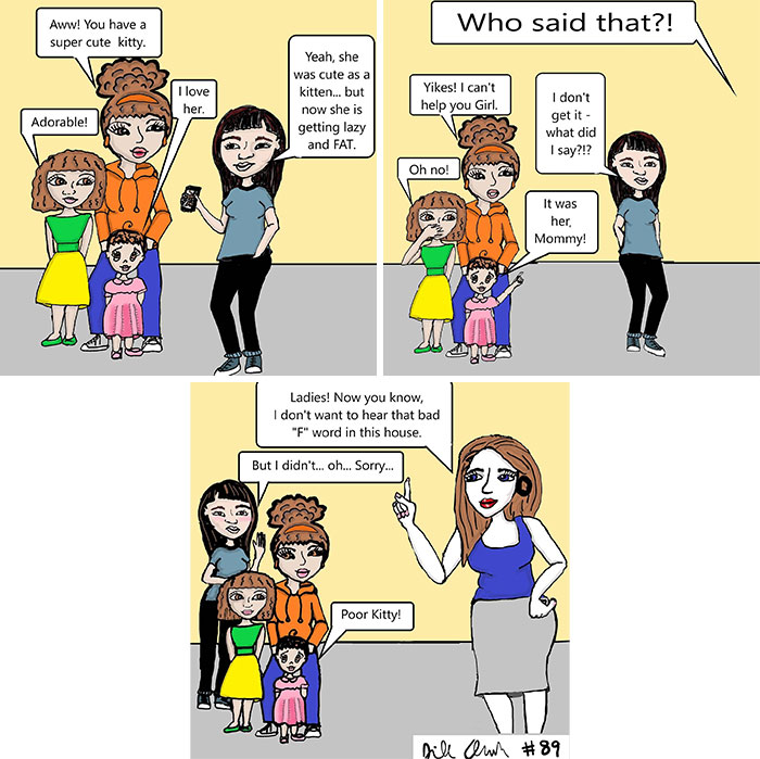 Family life comic showing humorous conversation about a lazy cat and a mother setting house rules.