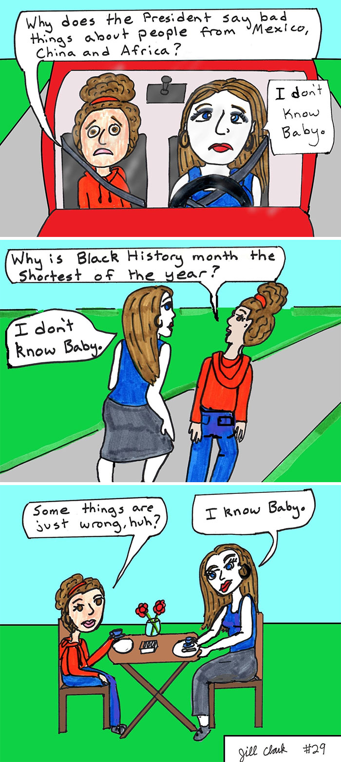 Comic strip depicting family life with honest and relatable conversations between a mother and daughter in different settings.