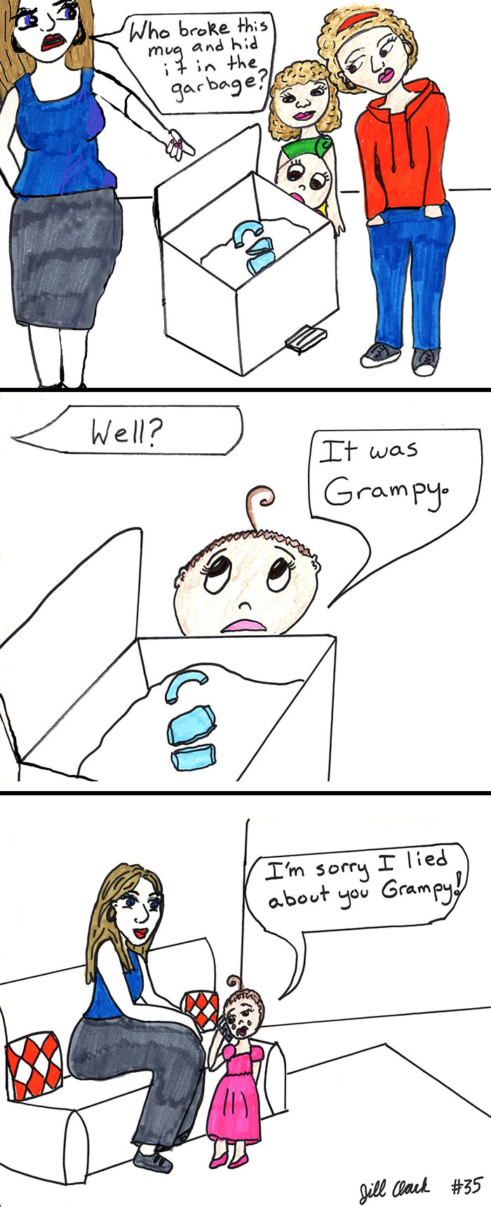 Hand-drawn comic about family life showing a broken mug mystery and a child blaming Grampy in a relatable scene.