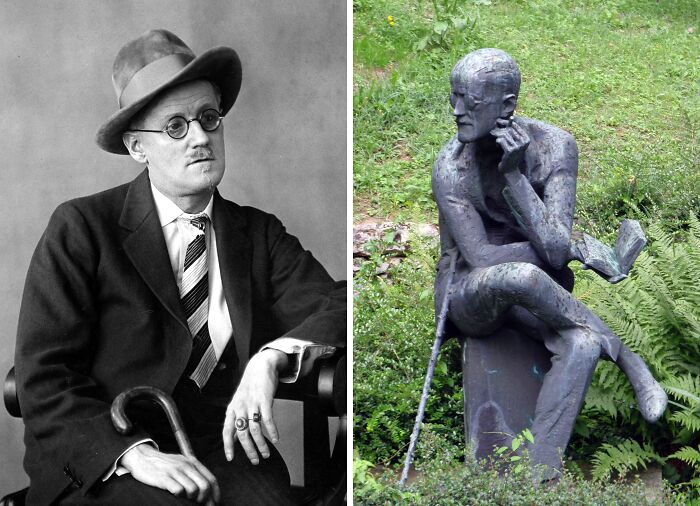 Black and white portrait of a man beside a bronze statue at a celebrity grave drawing visitors worldwide.
