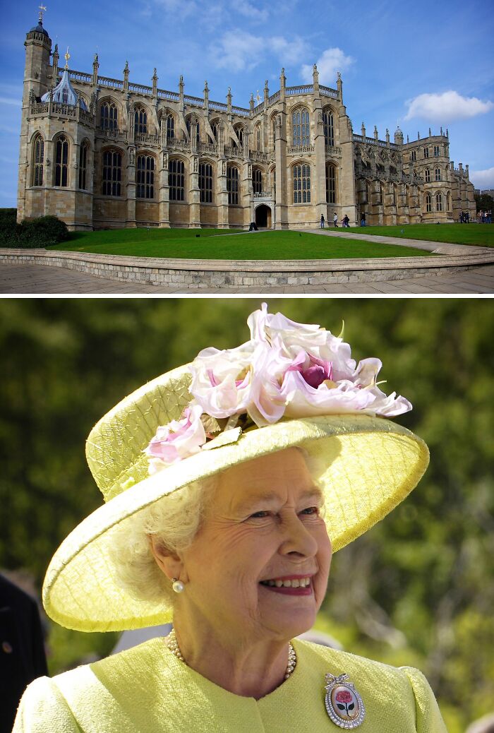Historic royal building with lush green lawn and a portrait of a smiling elderly woman in a yellow hat relevant to celebrity graves visitors.