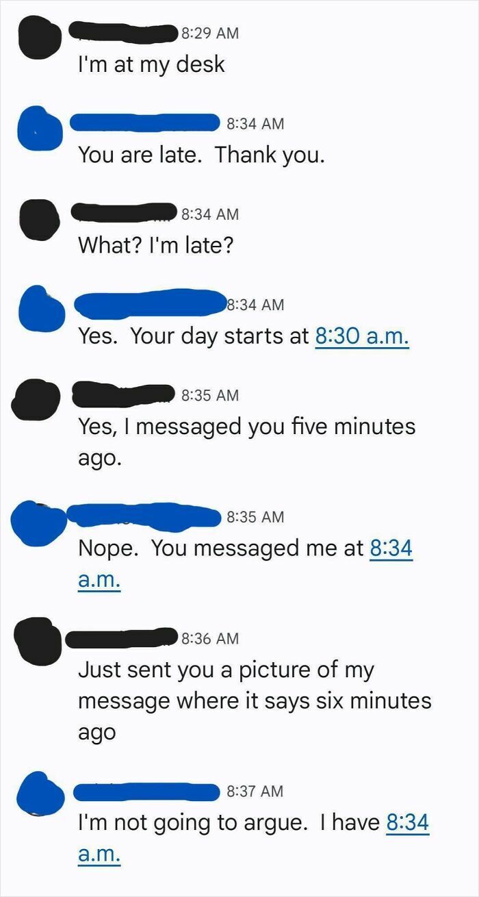 Chat conversation showing why people hate their boss with arguments about being late and message timestamps.