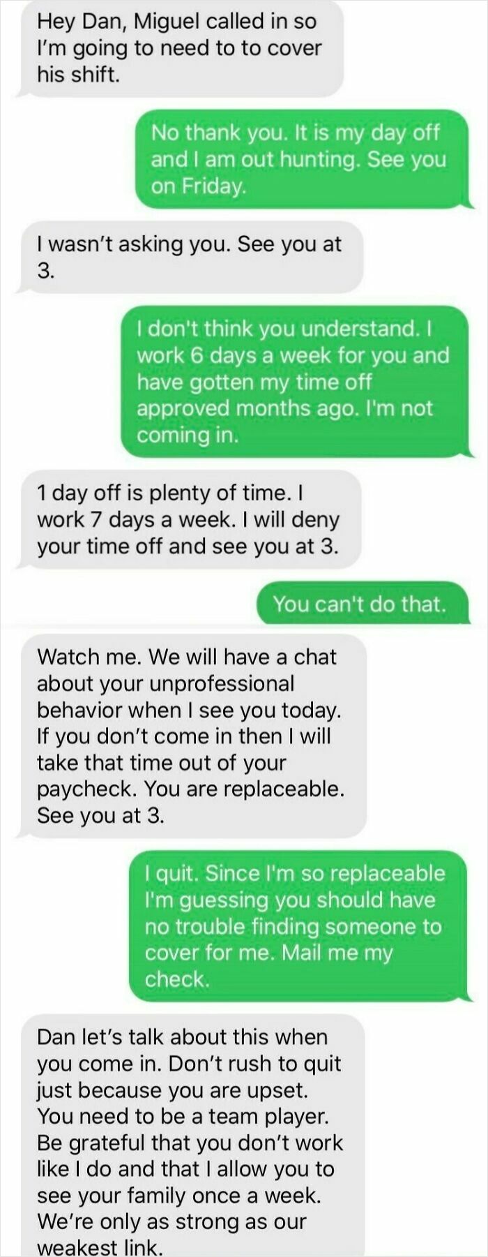 Text message exchange showing why people hate their boss due to unreasonable demands and disregard for employee time off.
