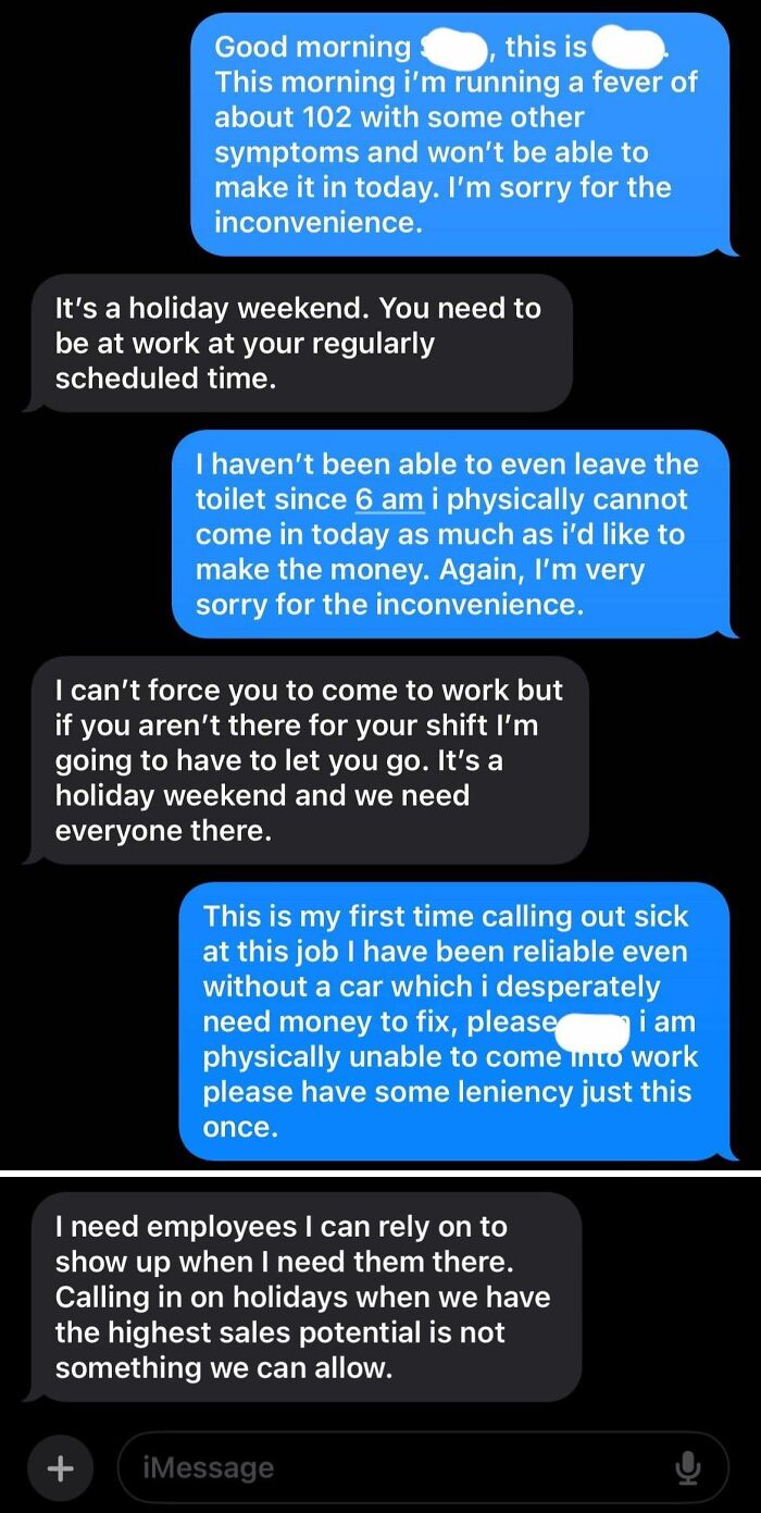 Text message exchange showing why some people share screenshots about why they hate their boss over strict work demands.