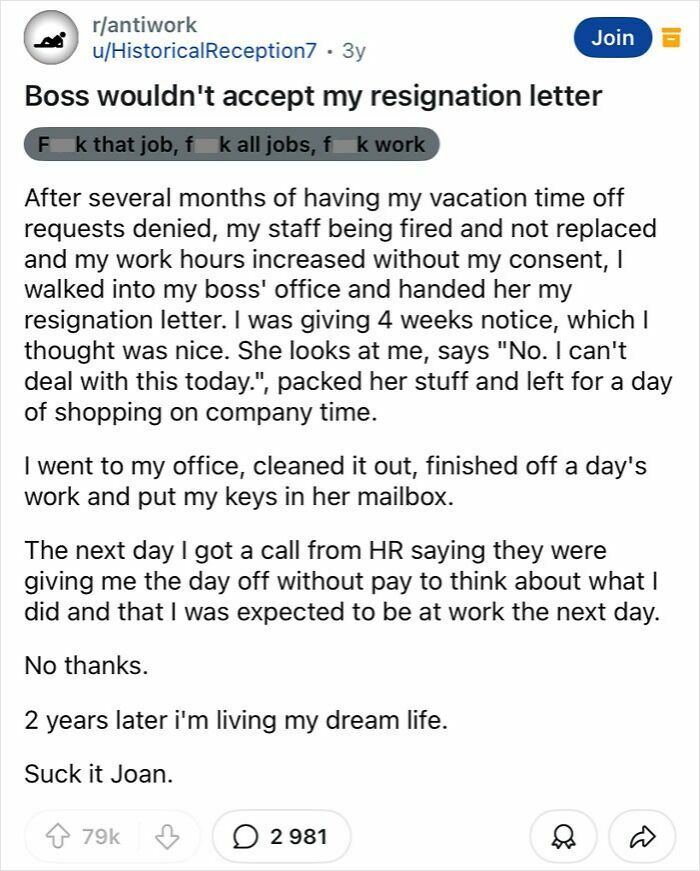 User sharing a detailed story about why they hate their boss after resignation refusal and unfair work conditions.