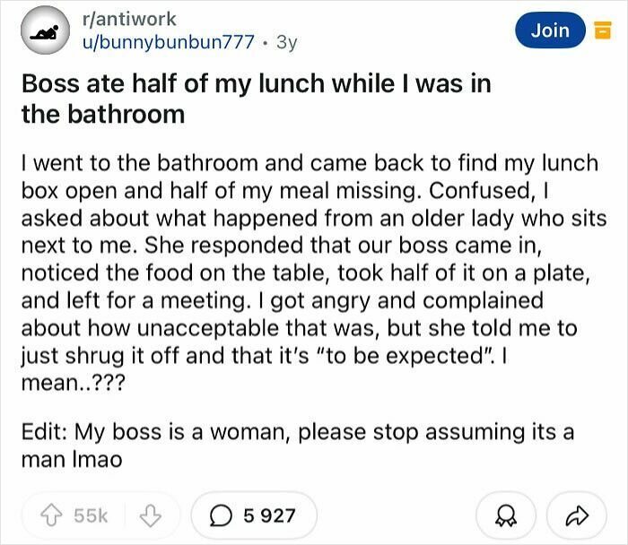 Reddit post where a user shares a story about their boss eating half of their lunch, illustrating why people hate their boss.