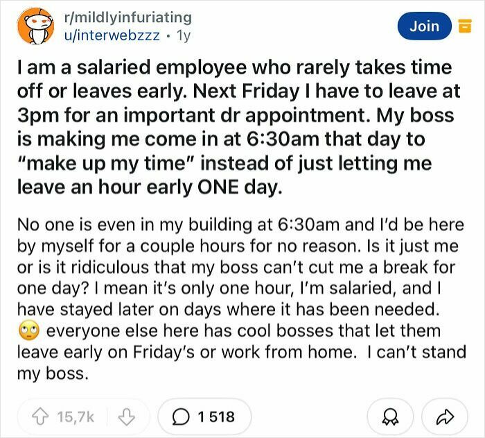 Screenshot of a Reddit post sharing why they hate their boss for making them come in early to make up time.