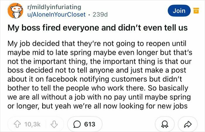 Reddit post showing frustration with a boss for firing employees without informing them, highlighting why people hate their boss.