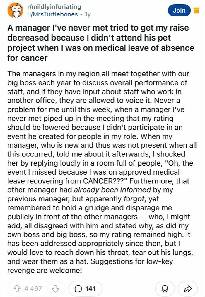 Reddit post sharing a personal story about workplace conflict involving a boss and medical leave for cancer.