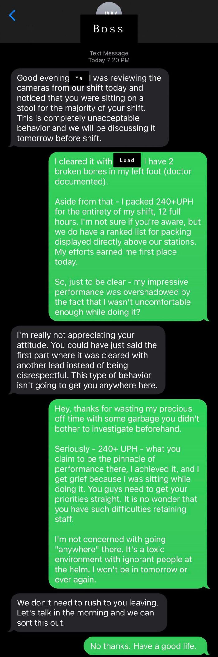 Text conversation screenshot showing why people hate their boss, with complaints about unfair treatment and toxic work environment.