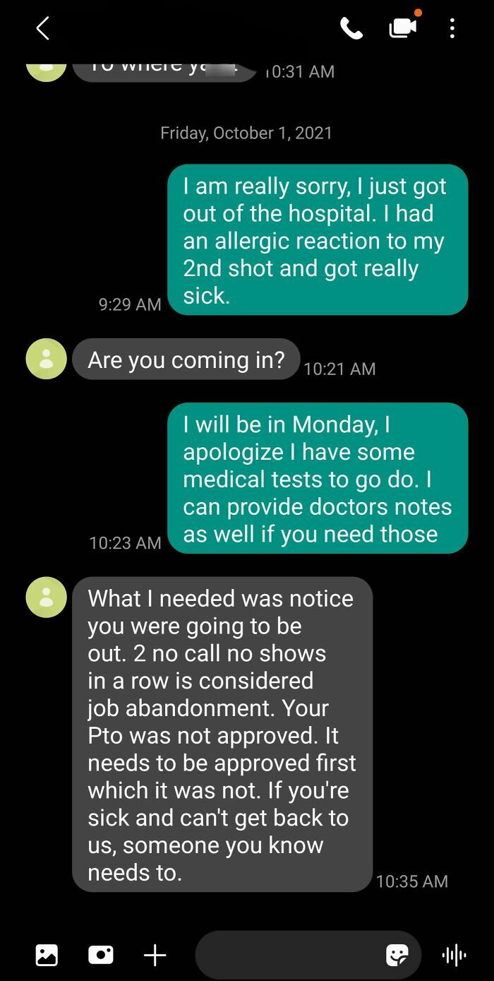 Text message exchange showing a worker explaining illness and a strict boss refusing approved time off on work phone.