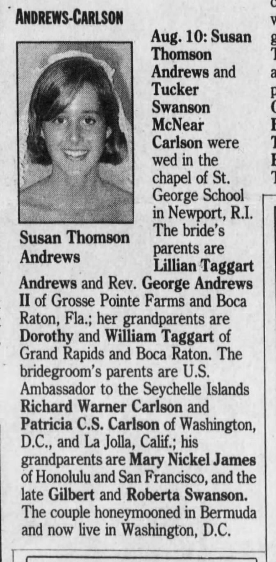 Old newspaper wedding announcement showing Susan Thomson Andrews with text about marriage and family money related to Tucker Carlson. Old newspaper wedding announcement showing Susan Thomson Andrews with text about marriage and family money related to Tucker Carlson.