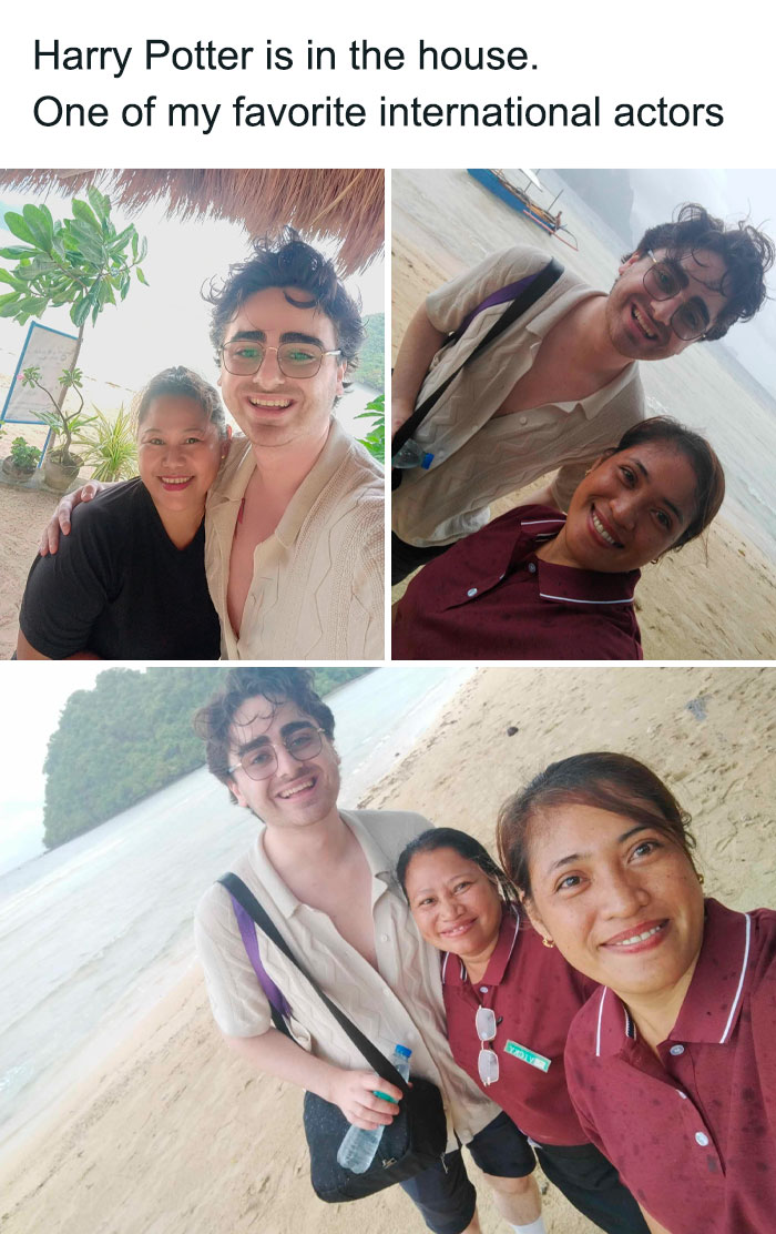 Three photos of a man resembling Johnny Derp posing with two women on a tropical beach, all smiling.
