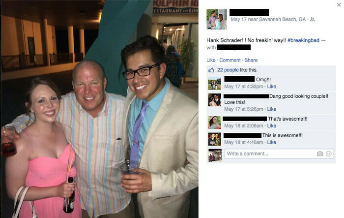 Three people smiling for a photo at a party, mistakenly thinking one is celebrity Hank Schrader from Breaking Bad.