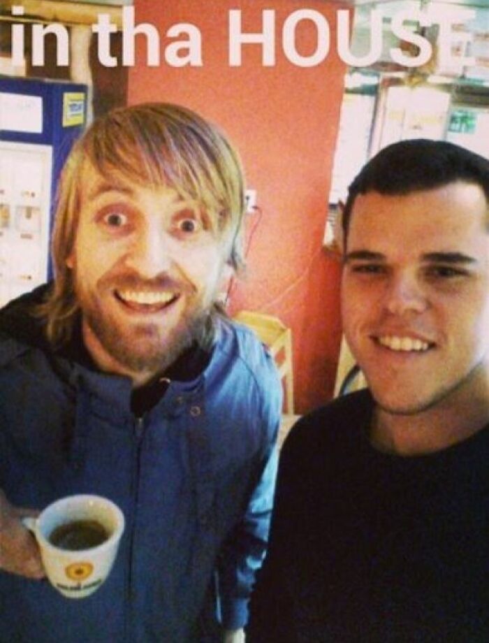 Two men smiling for a selfie in a casual setting, humorously linked to Johnny Derp celebrity photo fails.