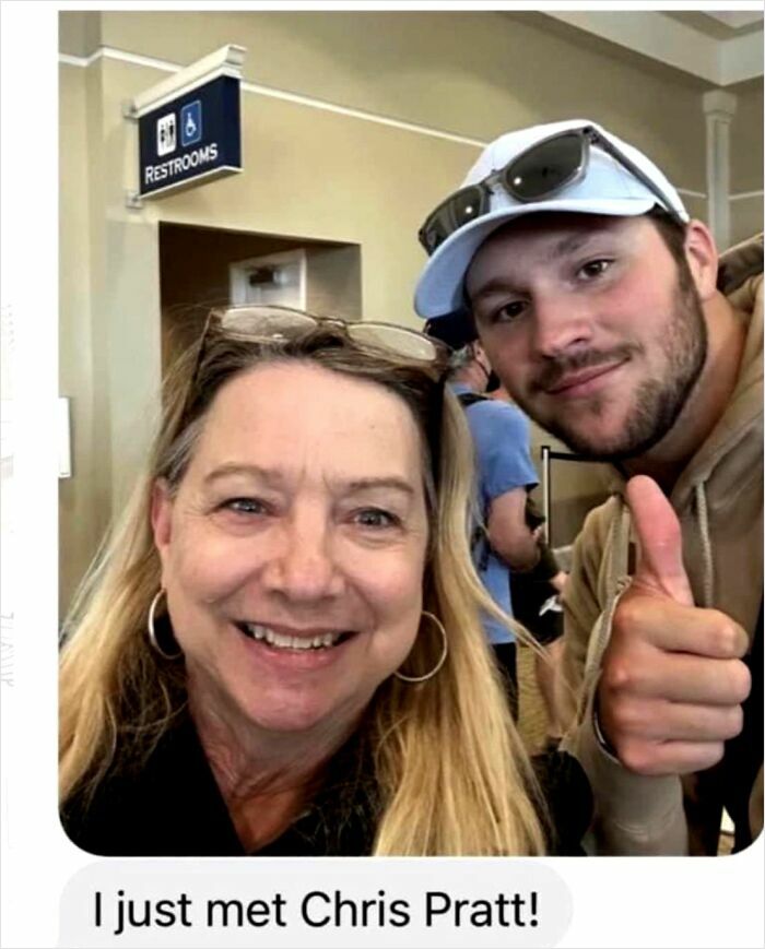 Woman smiling for a photo with a man giving thumbs up, a humorous celebrity lookalike moment from Johnny Derp shared online.