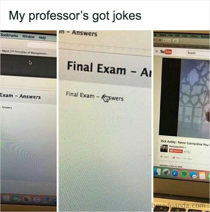 Computer screen showing a professor’s humorous final exam answers linked to a Rick Astley video, highlighting funny teachers' humor.