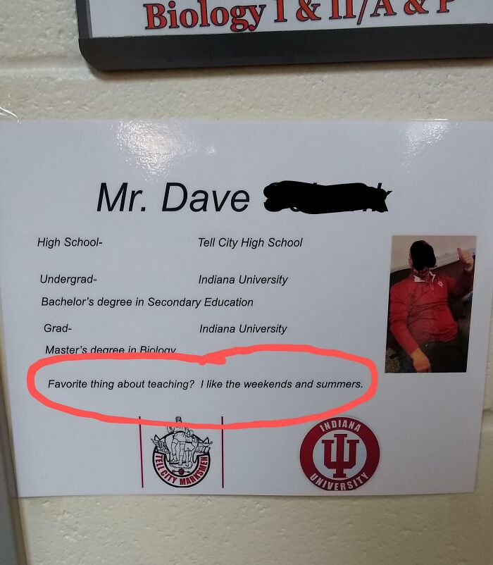 Teacher profile sign showing a funny quote about liking weekends and summers, highlighting humor in teaching.