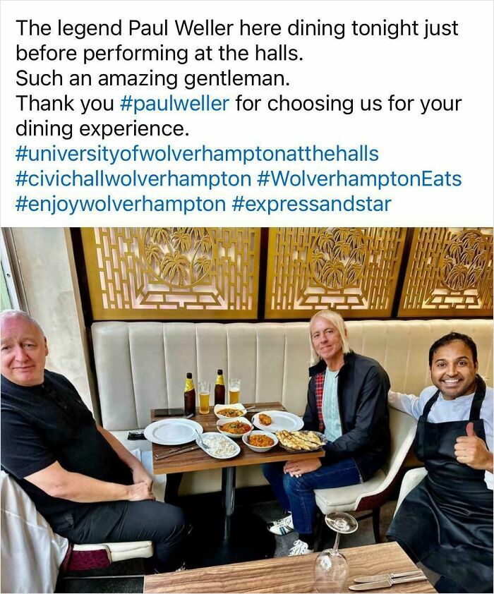 Three men sitting at a dining table with plates of food, one person giving a thumbs up in a restaurant setting with celebrity lookalikes.