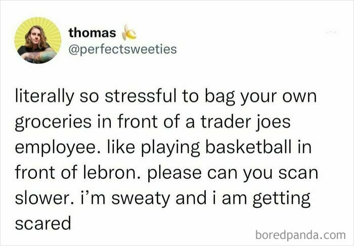 Tweet about the stress of bagging groceries in front of a Trader Joe's employee, humorously winning internet truth debates.