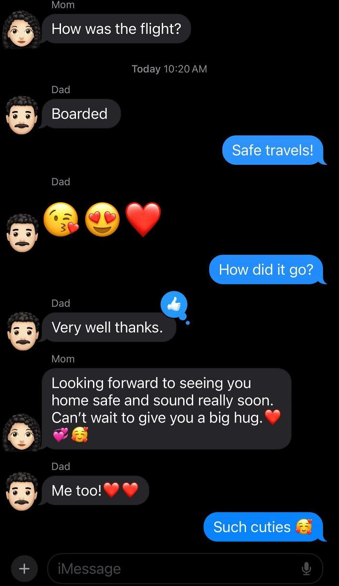 Text exchange between parents sharing funny and wholesome messages about safe travels and family love.