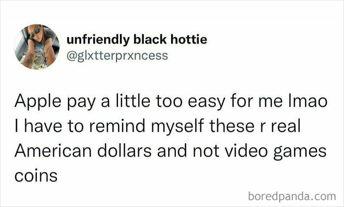Tweet humorously discussing Apple Pay and American dollars, capturing hilarious truths that won the internet.