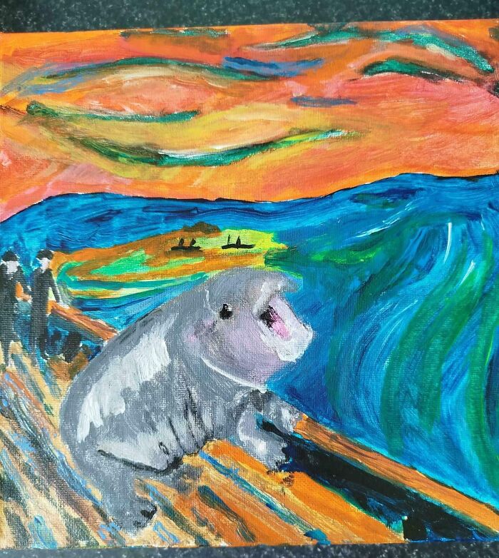 Colorful painting featuring a manatee leaning on a dock with people and vibrant sunset, showcasing funny and wholesome family moments.