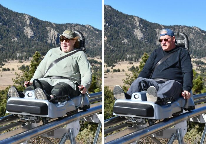 Two parents enjoying a thrilling outdoor ride, showcasing funny and wholesome moments captured by their kids.