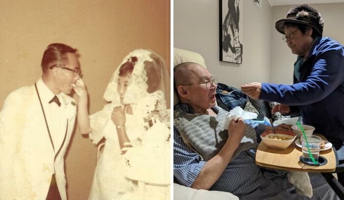 Side-by-side images showing funny and wholesome moments between parents captured by their kids over time.