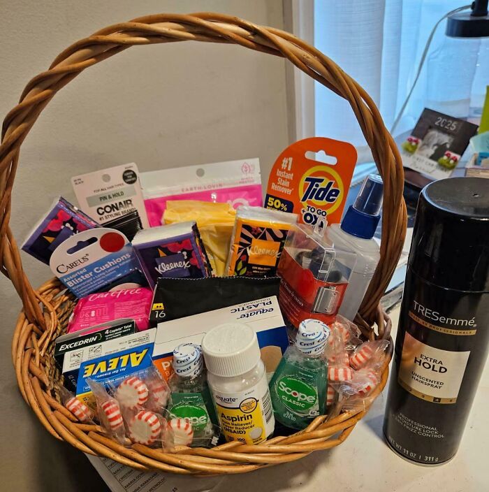 Basket filled with hygiene products and medicine showing funny wholesome parent care for kids in everyday life.