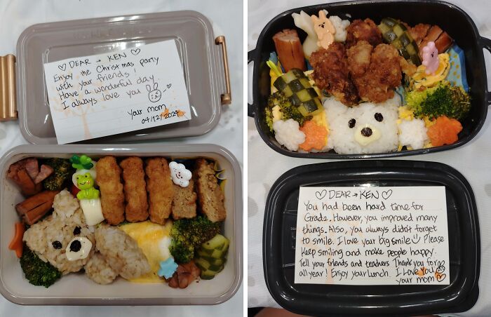 Two bento boxes with cute bear-shaped rice and heartfelt notes showcasing funny and wholesome parents’ creativity.