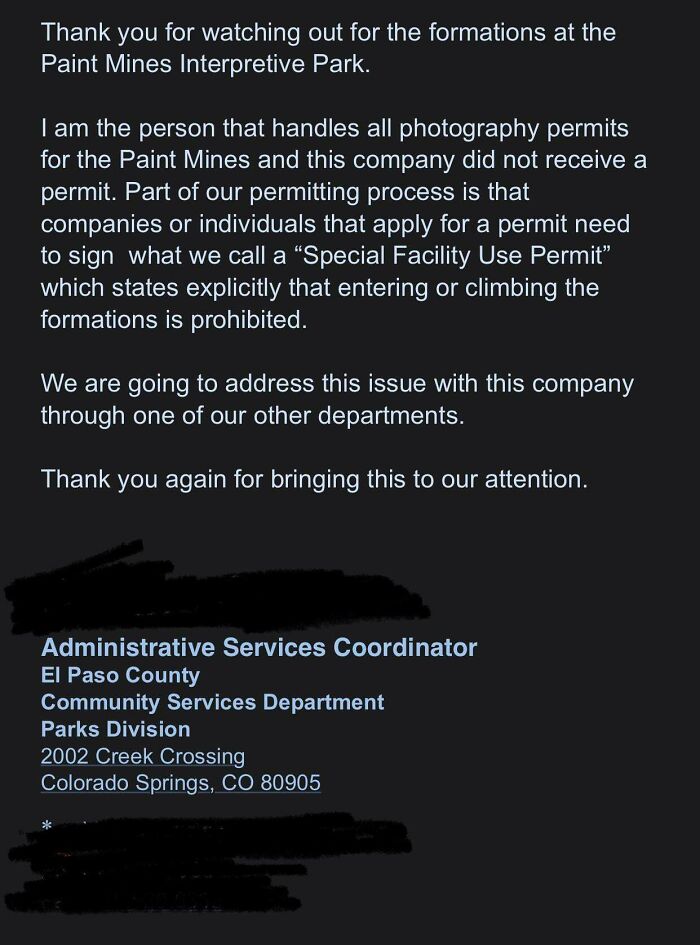 Text message about photography permits at Paint Mines Interpretive Park, addressing unpermitted activity and enforcement steps.