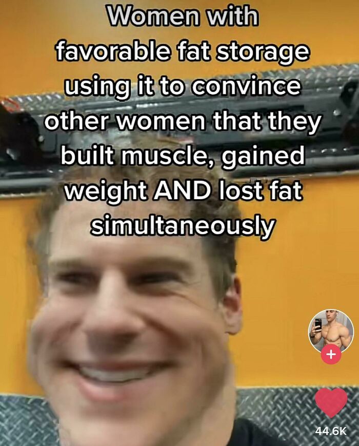 Man with distorted face at the gym, laughing with text about fat storage and muscle gain in fitness influencers.